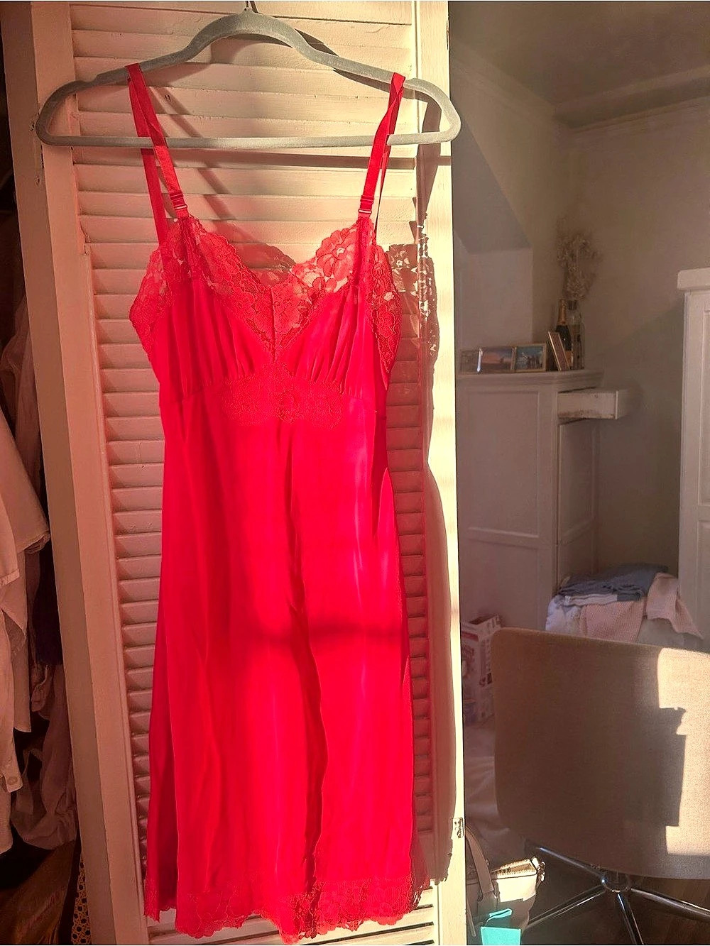 Lace Trim Long Slip in Red Like New